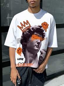 Manfinity EMRG Tricou casual cu mânecă scurtă cu imprimeu sculptural cu slogan pentru bărbați - alb - Vizualizare 1