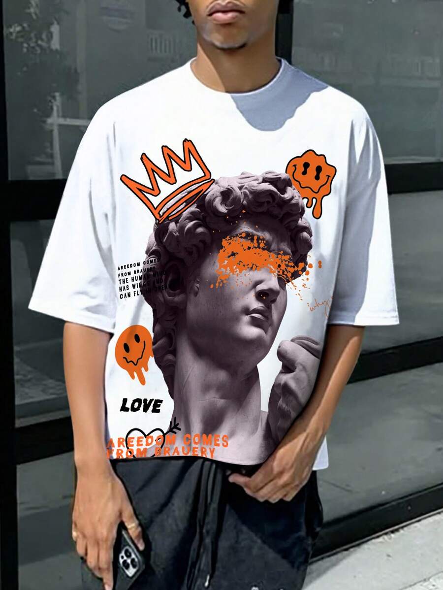 Manfinity EMRG Tricou casual cu mânecă scurtă cu imprimeu sculptural cu slogan pentru bărbați - alb - Vizualizare 1