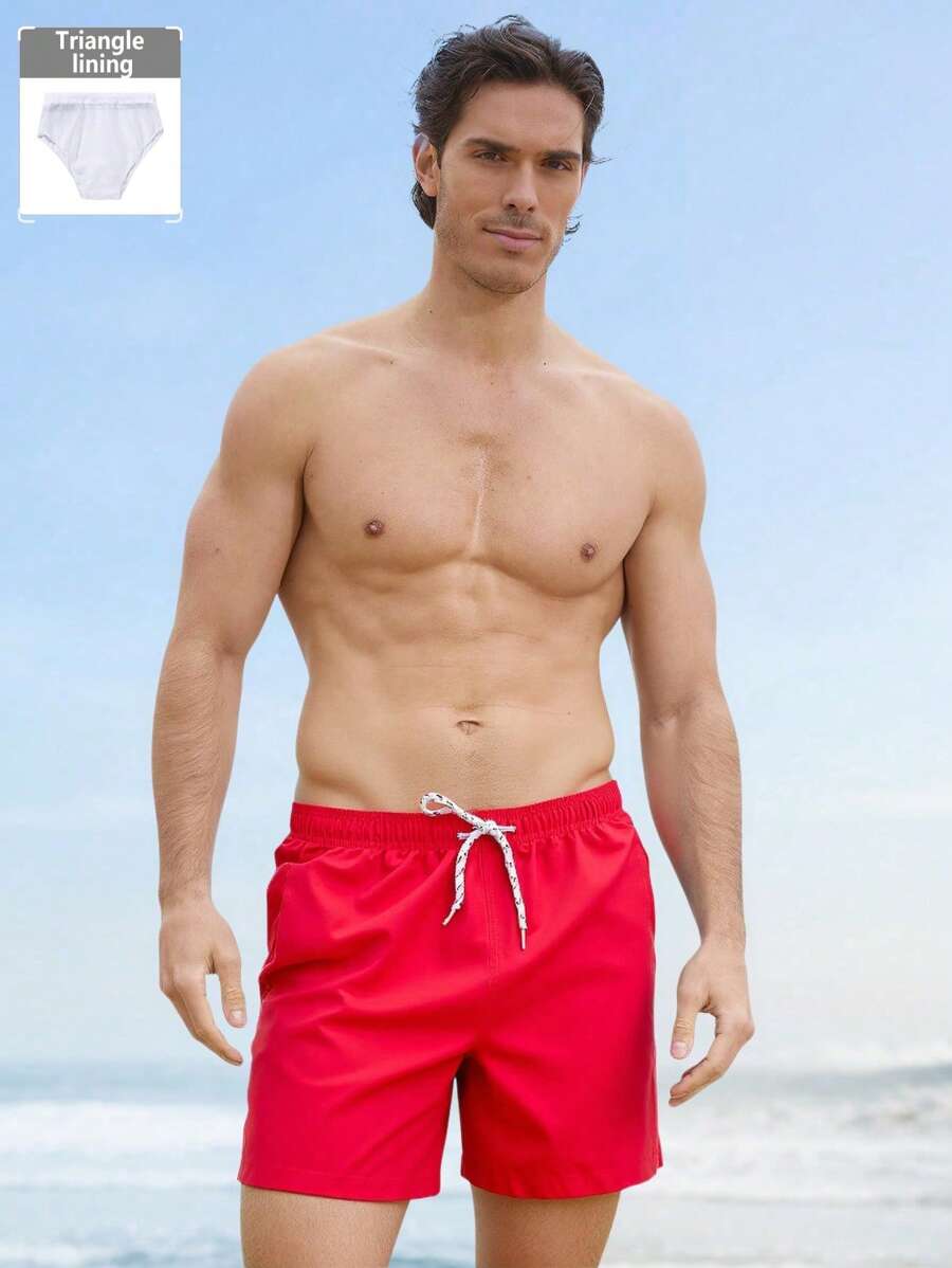 Manfinity Swimmode Shorts de playa casuales y sencillos de unicolor para hombre, uso diario de moda - Rojo - Ver 1