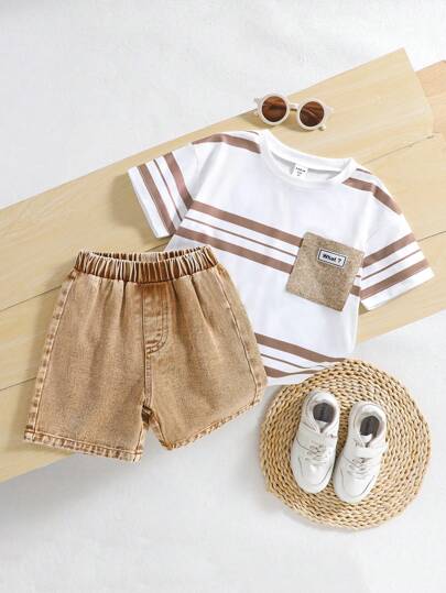SHEIN Playful Pals 2pcs/Set Young Boy Vacation Casual Contrast Stripe Print Short Sleeve Top And Denim Shorts
