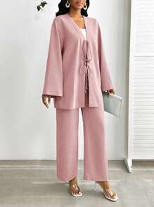 SHEIN Lady 2 件套女士休闲前系带长袖上衣和裤子套装，纯色蓝色女士两件套 - 藕粉色 - 查看 3