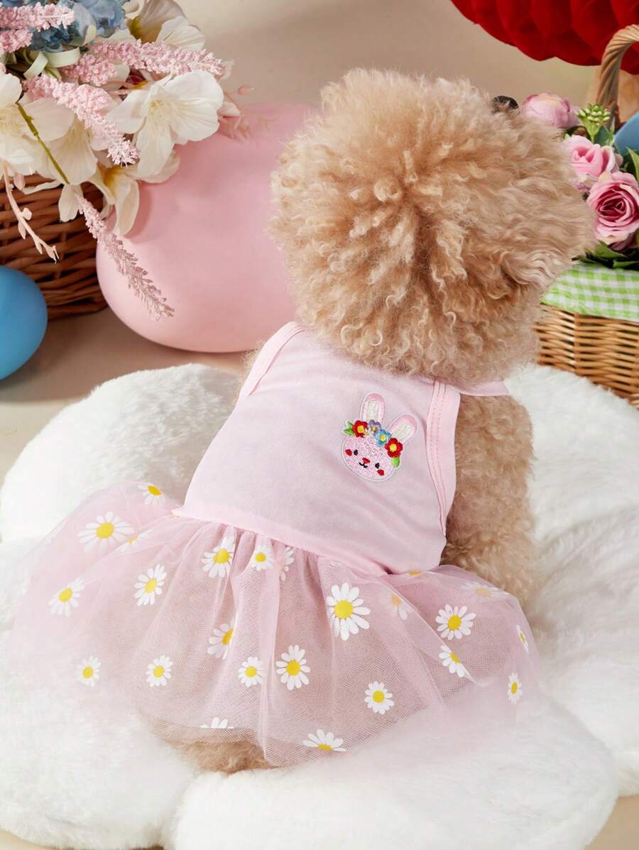 PETSIN 1pc Pet Cat Dog Knit Sweet Daisy Embroidery Tulle Puff Suspender Dress, Suitable For Spring/Summer - Multicolor - View 1