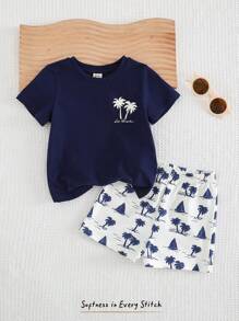 Cozy Pixies 2 Stücke Baby Jungen Set aus Cartoon Kokosnussbaum Muster Strickpullover mit Rundhalsausschnitt und kurzem Arm sowie Shorts mit Gummizug für den Sommer - Verschiedenfarbig - Übersicht 3