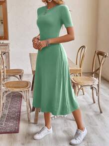SHEIN Frenchy 女士休闲圆领短袖黑色长裙，夏季 - 綠色 - 查看 2