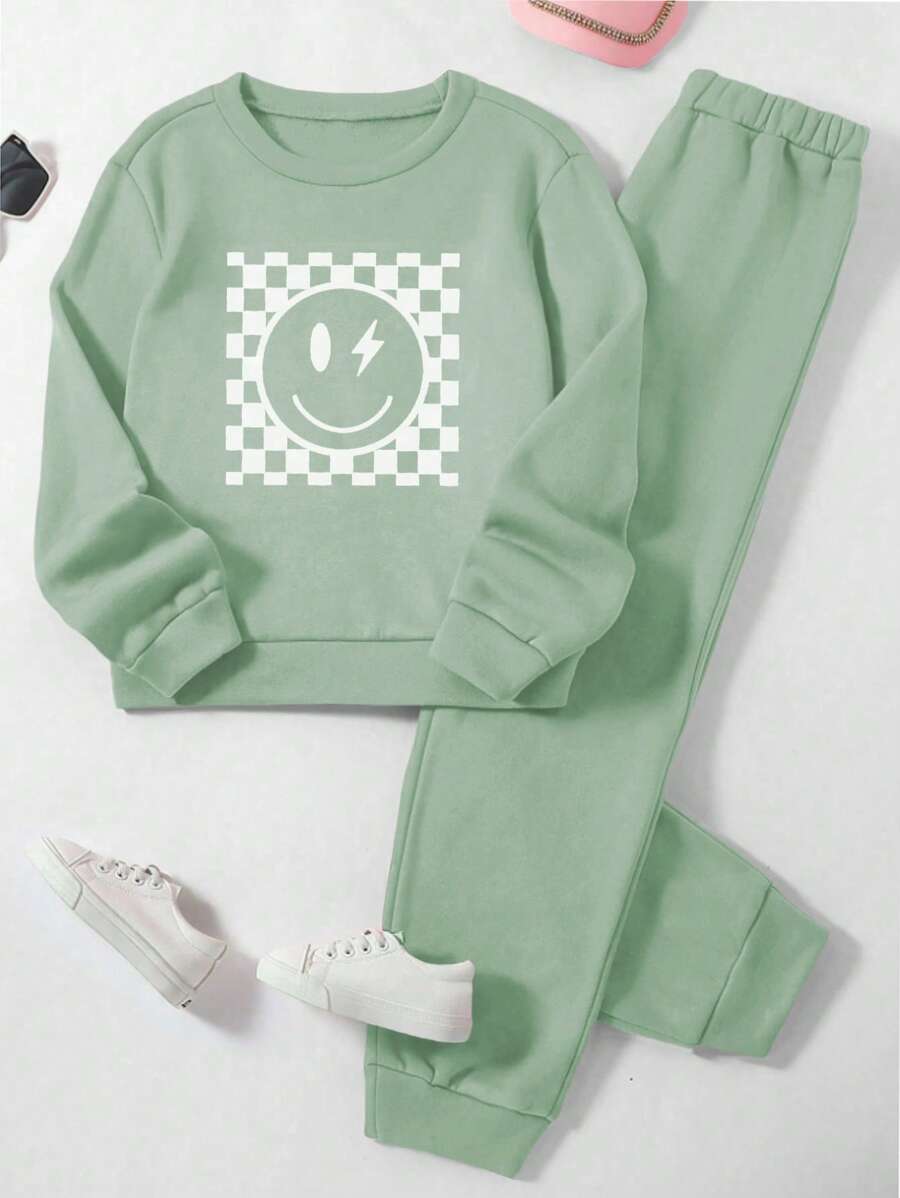 女童两件套：笑脸格子印花圆领长袖上衣和纯色裤子 - 綠色 - 查看 1