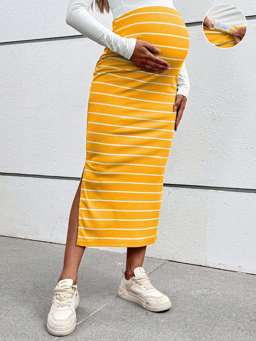 SHEIN Falda casual de maternidad con raya de talle alto y abertura lateral