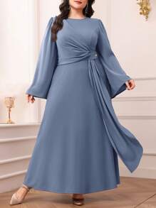 Modelyn Plus Size Solid Color Drawstring Dress, Simple Chic Casual For Daily Wear Long Evening Dresses - Blue - View 7