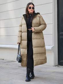 RueChic Plus Solid Button Up Hooded Long Padded Coat - Beige - View 1
