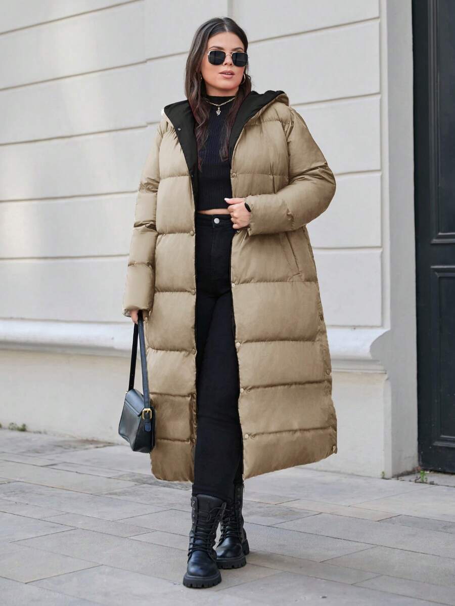 RueChic Plus Solid Button Up Hooded Long Padded Coat - Beige - View 1
