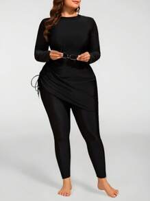 Swim Mulvari 2pcs Plus Size Women Solid Color Modest Middle East Style Long Sleeve & Long Pants Bikini Swimsuit Set, For Summer Beach Vacation - Black - View 10