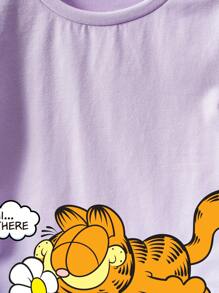 GARFIELD X SHEIN Young Girl Casual Cartoon Cat Print Short Sleeve T-Shirt, Suitable For Summer