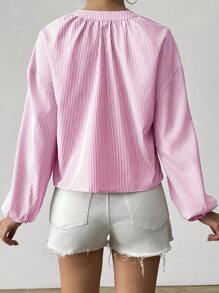SHEIN Unity 休闲度假拼色条纹系带女式衬衫 - 淺粉色 - 查看 2