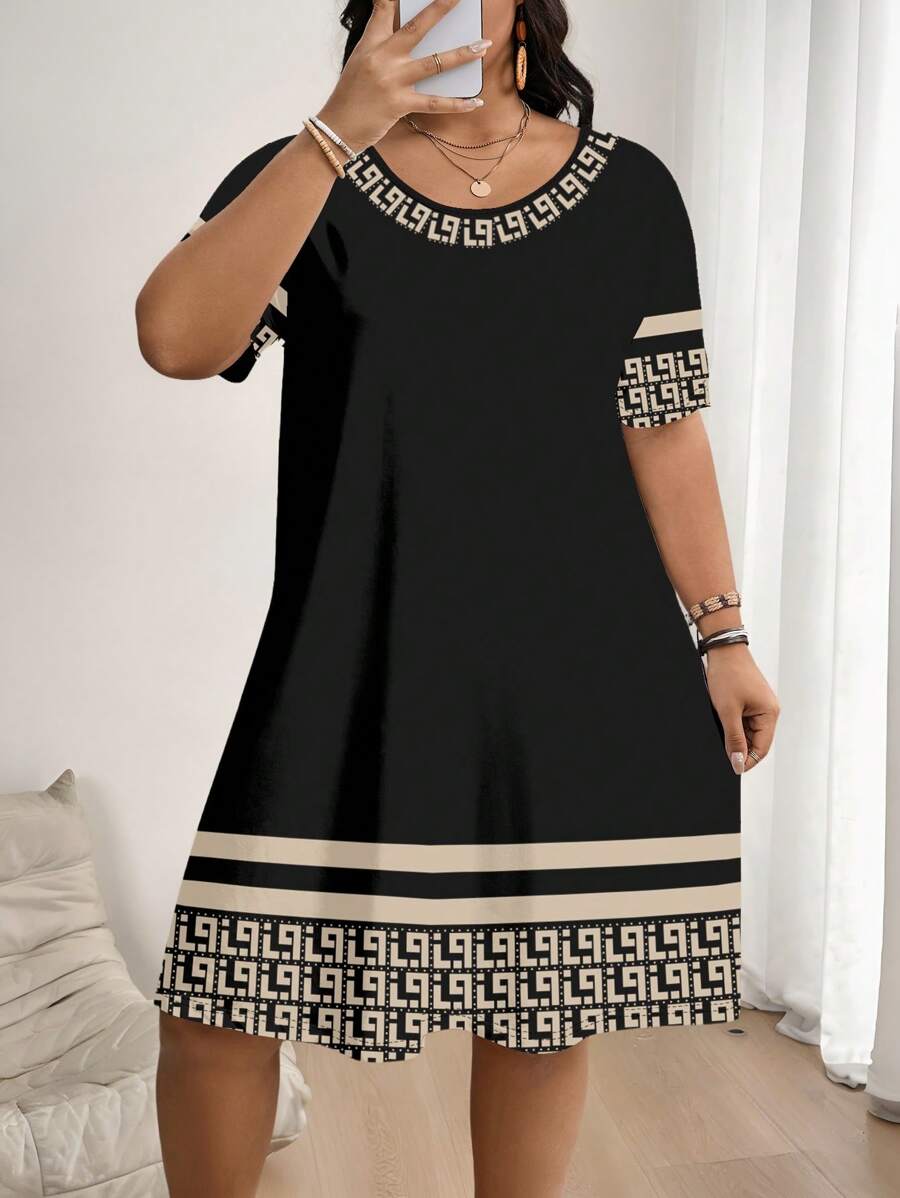 EMERY ROSE Robe imprimée fleurs géométriques classique grande taille, convient pour l'été