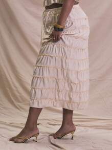 MUSERA Plus Size Tiered Tie Waist Maxi Skirt For Spring, Vacation, Summer, Holiday, Elegant