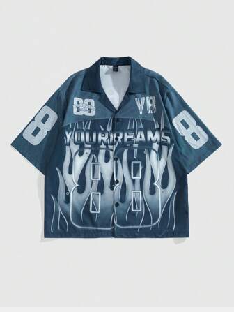 Street Life Chemise casual à manches courtes, boutonnée, pour hommes, avec imprimé de lettres et de flammes