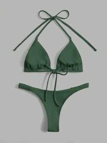 Swim Chiccia Conjunto de bikini de unicolor con escote halter y anudado, ropa de baño sexy para mujer, para el verano y la playa