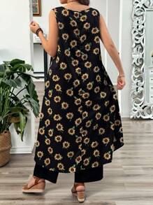 SHEIN LUNE 2 pièces/Set Grande taille femme Top col rond et Pantalon imprimé marguerite - Gris foncé - Voir 2