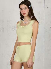 COUREZ Ensemble top en dentelle col en coup et short micro Tenue d'été 2 pièces Femmes Vintage Y2K
