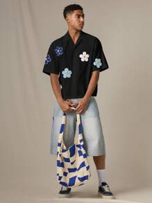 SWAVVY 男士休闲宽松短袖蓝色花织衬衫，年轻日常穿着 - 黑色 - 查看 3