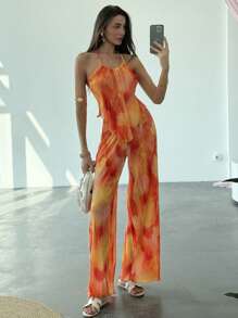 Aloruh 女士两件套：扎染褶皱露背长上衣和开衩高腰长裤，夏季度假装 - 彩色 - 查看 7