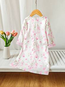 SHEIN 女婴幼儿 0-3 岁优雅休闲紫色鸢尾花边长袖长袍，适合所有季节 - 紫色 - 查看 2