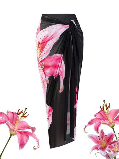 Swim Oasis Plus Size Dam Premium Oasis Blommönster Long Chiffong Kaftan För Beach Vacation Sommar