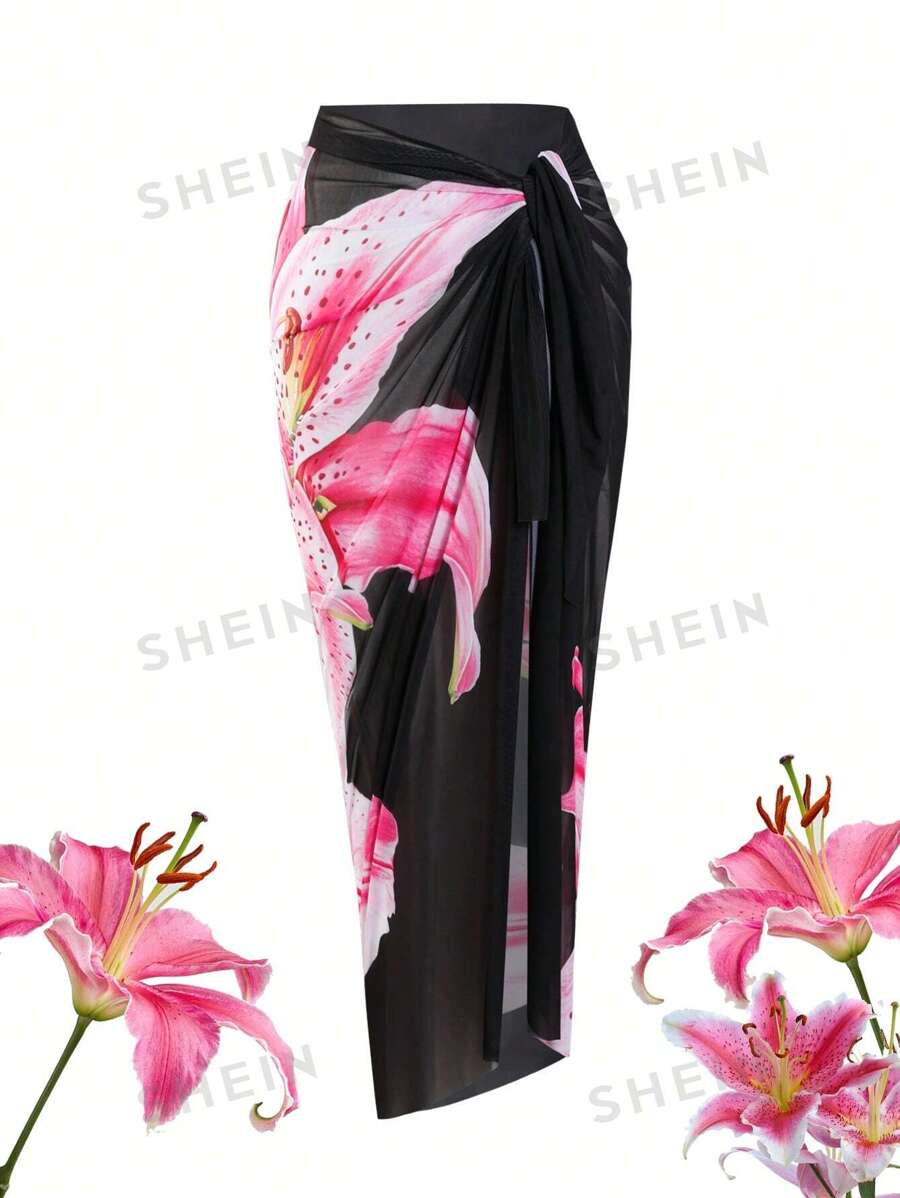 Swim Oasis Túnica larga de gasa con estampado floral Oasis para mujer talla grande para vacaciones en la playa en verano