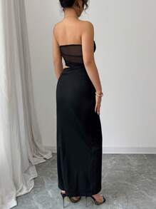 Selianne 黑色性感吊带网纱褶皱拼接镂空腰部连衣裙，适合约会和聚会