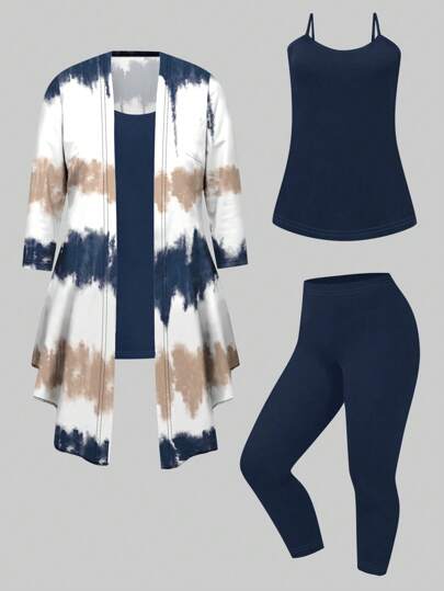 Plus Size Fashion Graffiti & Tie-Dye 3-Piece Set, Casual Fall Cloth For Women
