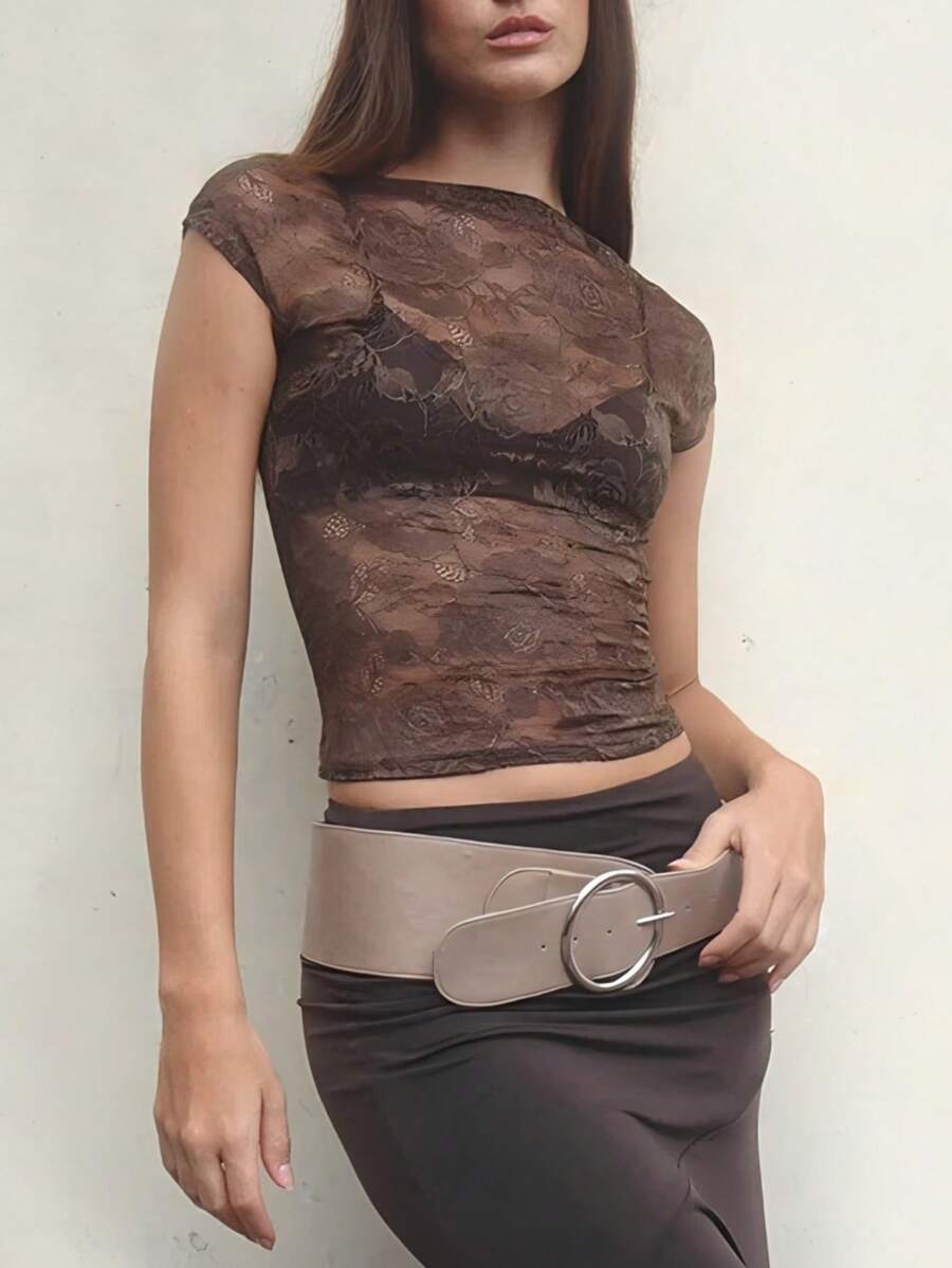 INAWLY Damen Sexy durchscheinende Spitze Muster taillierte kurzärmlige T-Shirt - Braun - Übersicht 1