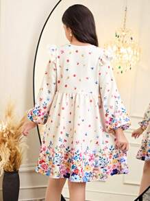 SHEIN Tween Girl Floral Print Knit Round Neck Loose Elegant Dress - White - View 2