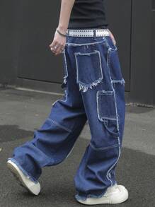 Manfinity EMRG Men's Casual Washed-Effect Wide Leg Loose Jeans - Dark Wash - View 3