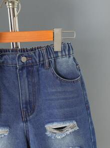 Tween Boy 破洞牛仔连帽背心和短裤套装