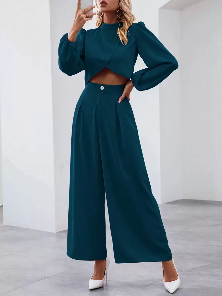 SHEIN Clasi 2pcs Women Solid Color Long Sleeve Top & Pants Set, Simple Fashion, Suitable For Summer - Teal Blue - View 1