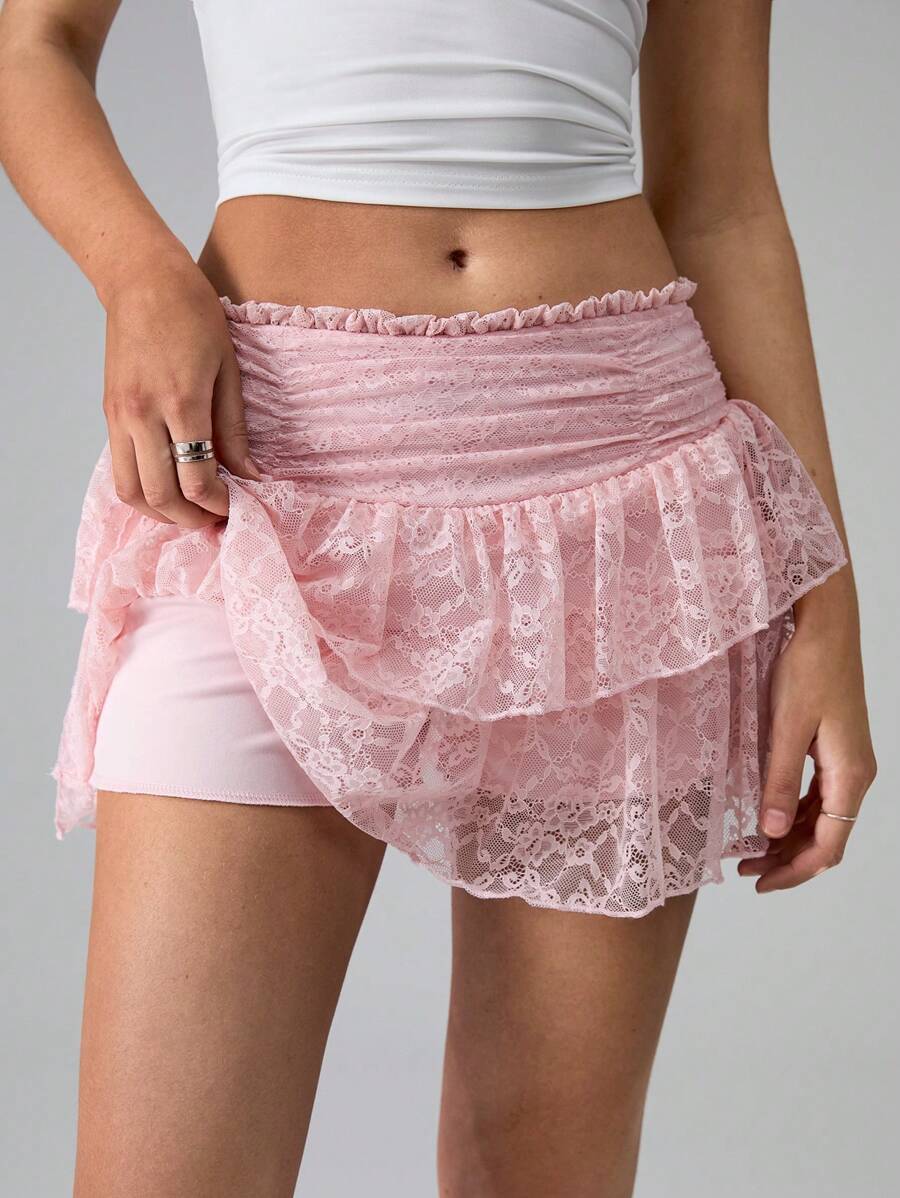 TRNVIE Women's Lace Ruffled Hem Ruched Skirt - Pink - View 1