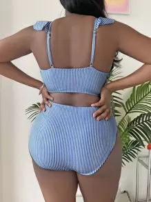 Slaydiva 2 pezzi Bikini a righe con scollo a V e volant per donne taglia curvy, costume da bagno alla moda per spiaggia e vacanza