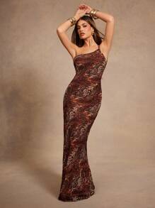 Hauture Women's Backless One Shoulder Sleeveless Full Print Long Dress - Multicolor - View 2