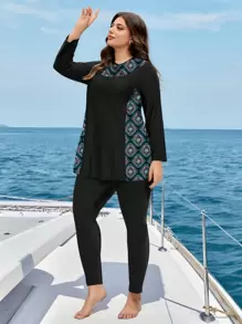 SHEIN Swim Curve 2pcs/Set Plus Size Women Modest Vacation Retro Printed Splicing Long Sleeve Pullover And High Waist Pants Burkini Swimwear