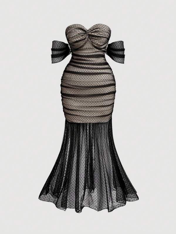 SHEIN MOD Plus Size Women Off-Shoulder Mesh Sexy Long Black Evening Dress, Fishtail Dress, Party Outfits, Festival Outfits, Beach Outfits,Tea Party Dresses,Birthday Dresses For Women