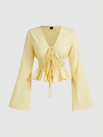 SHEIN MOD 黄色女式系带喇叭袖衬衫，镂空服装，女式，魔鬼服装，复古，海盗上衣，嬉皮士，外出上衣