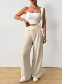 Chiquease Women's Solid Color Wide Leg Loose Casual High Waist Asymmetric Long Pants - Apricot - View 5