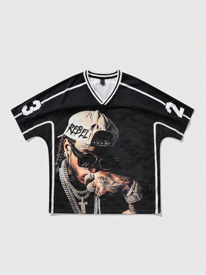 Prep Men's Oversized Jersey Loose Fit Drop Shoulder Short Street Figure Graphic Print Sport T-Shirt, Vintage Streetwear Style, Boyfriend Gift