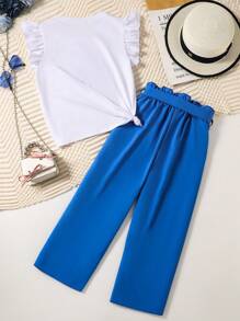 SHEIN Conjunto de 2 piezas de top de manga corta con estampado de corazón y pantalones para niñas preadolescentes - Azul - Ver 2