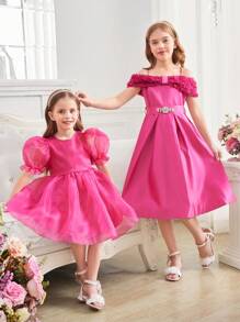 SHEIN Tween Girls 缎面花卉拼布蝴蝶结缀饰腰部连衣裙，紫红色公主风格礼服，适合毕业舞会、生日派对、情人节、花童礼服 - 玫紅色 - 查看 5