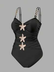 Swim Oasis 1pc Plus Size Women Metal Decor Minimalist One-Piece Swimwear, Summer Beach Holiday Outfit