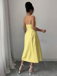 Chiquease Đầm Maxi Cami Thắt Lưng Cài Nút Phía Trước Trang Phục Cho Nữ - Màu vàng - Xem 3