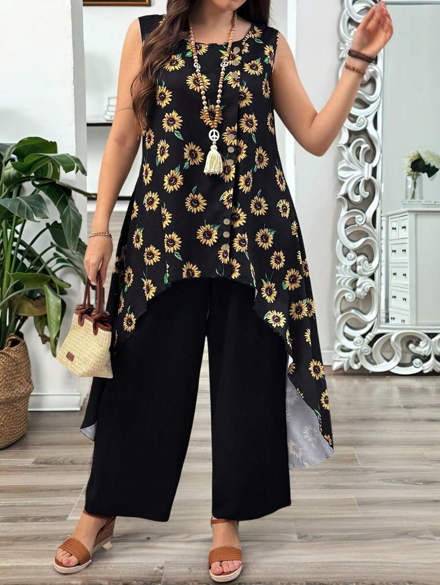 SHEIN LUNE 2 pièces/Set Grande taille femme Top col rond et Pantalon imprimé marguerite - Gris foncé - Voir 1