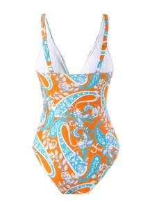 2pcs/Set Women's Paisley Print One-Piece Swimsuit With Mesh Maxi Skirt Beach Cover Up Summer Holiday Outfit