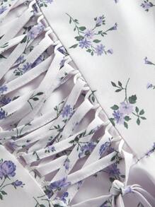 SHEIN MOD 女士方领荷叶边前系带碎花连衣裙 - 彩色 - 查看 3