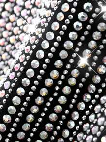 SHEIN Camiseta casual de manga corta para mujer de corte regular con cuello redondo y adornos de strass - Negro - Ver 4